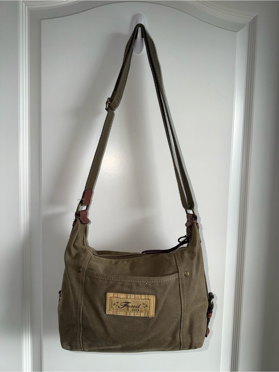 Fossil Handbags - Vintage Fossil 1954 Canvas Shoulder Bag Y2K Olive Green Hobo Purse Leather Trim